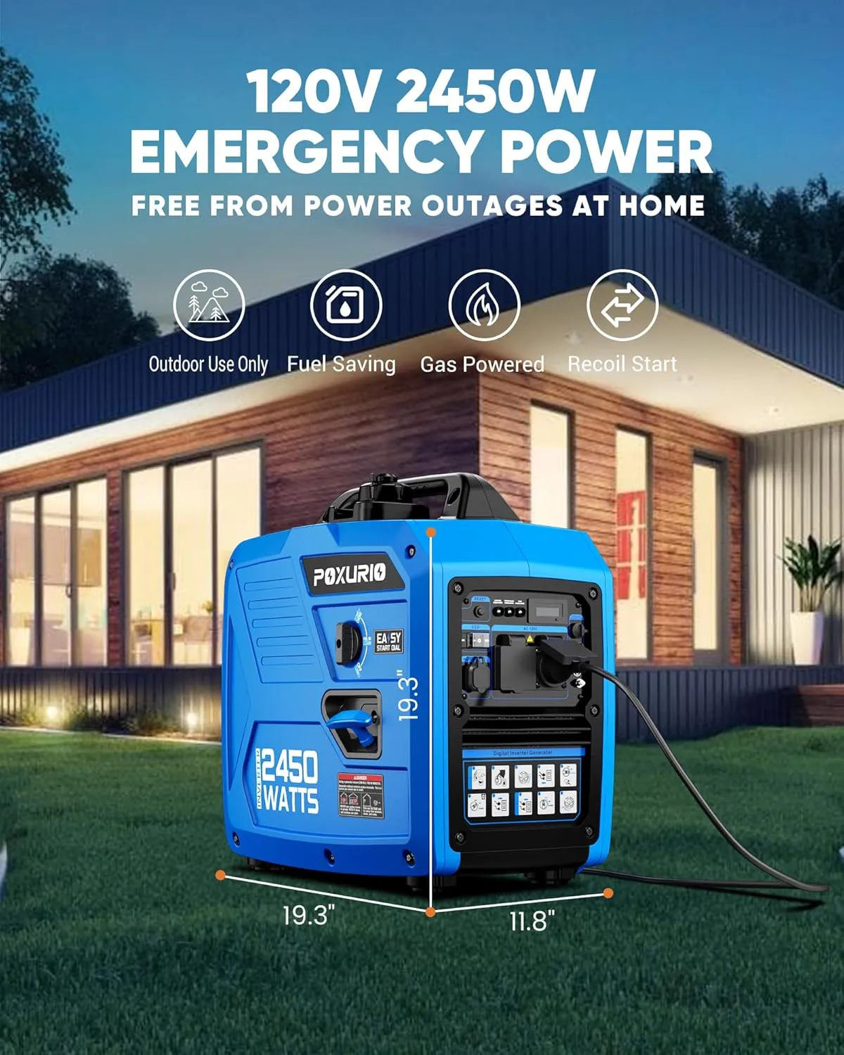 2450-Watt Portable Inverter Generator for Home Use, 1.6Gallon Large Fuel Tank Up to 8.3 Hours Use, 120V Gas Powered Generator Super Quiet - EPA Compliant
