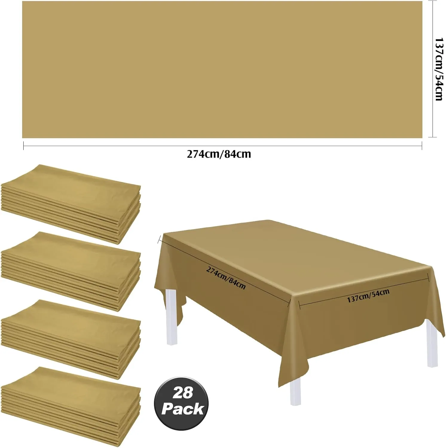 28 Pack Disposable Plastic Tablecloth Rectangle Table Cover 54 x 108 Inches, Disposable Table Clothes for Rectangle Tables Rectangular Plastic Table Cloths for Picnic Camping Party Wedding (Gold)