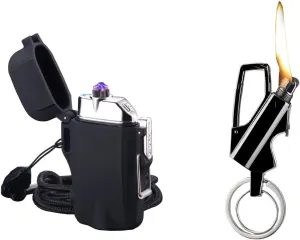 2PCS Lighter,Key Chain with 2 Key Rings Include Mini LED Light,Bottle Opener and Windproof Rechargeable Flameless Electronic Lighter(Black)