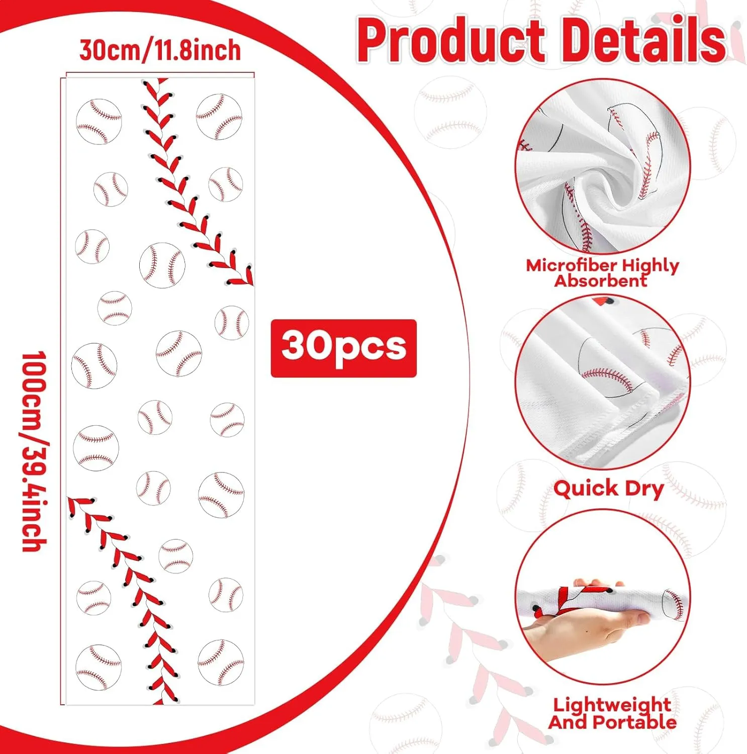30Pcs Baseball Cooling Towels for Neck and Face 40 x 12 Inch Baseball Sports Team Gifts Workout Ice Towel for Gym Sweat Microfiber Breathable Chilly Bulk Neck Wraps for Athletes Camping Travel Outdoor