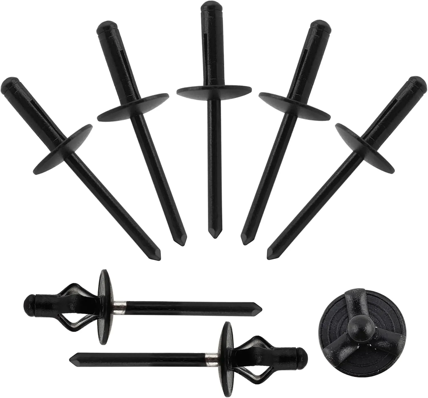 3/16" x 5/8" Tri-Fold Large Head Rivets Assortment - 100Pcs,Black Tri-fold Exploding Pop Rivets Solid Aluminum Tri Grip Rivets Bulb Style Rivets for Kayak Marine Boat