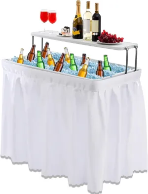 4 ft Ice Table Portable Two-Tier Folding Table Ice Cooler Tables with Skirt Drain Extra Storage Shelf with for Bar Summer Outdoor Party Picnic Camping BBQ(White)