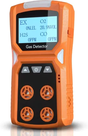 4-in-1 Gas Detector, Portable CO, H2S, O2, LEL Monitor with Vibration, Visual & Audible Alerts, 18h Battery Life, Rechargeable Safety Device for Home & Workplace