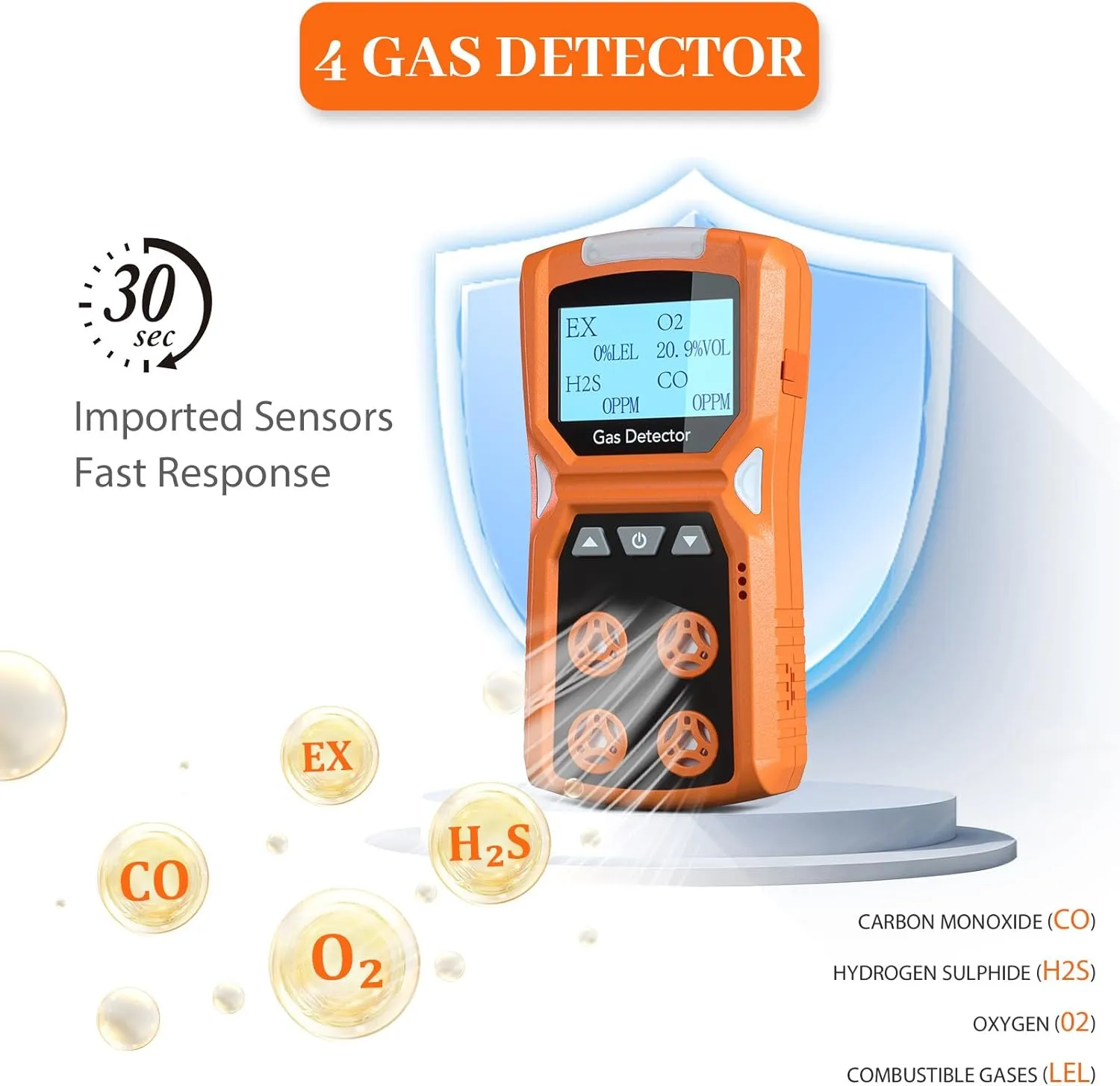4-in-1 Gas Detector, Portable CO, H2S, O2, LEL Monitor with Vibration, Visual & Audible Alerts, 18h Battery Life, Rechargeable Safety Device for Home & Workplace