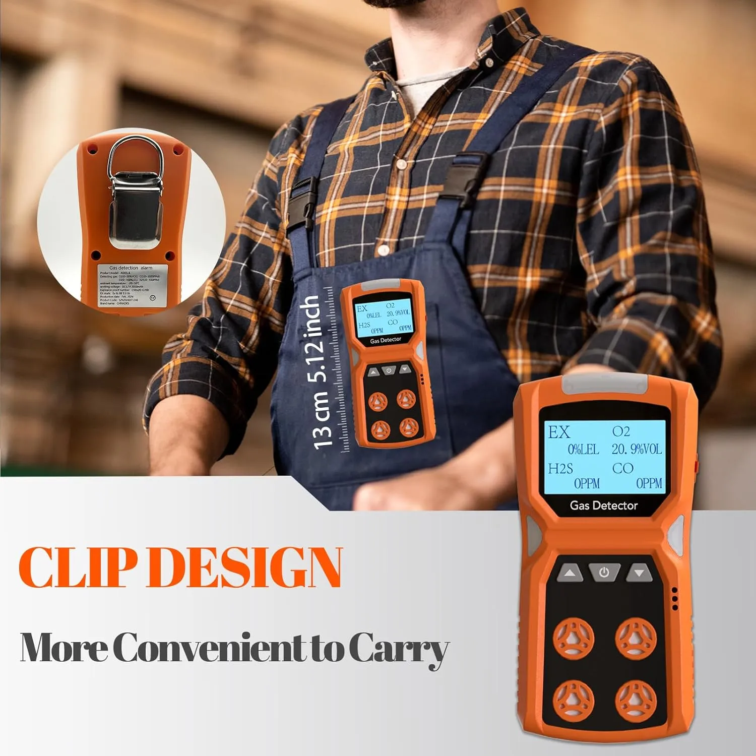 4-in-1 Gas Detector, Portable CO, H2S, O2, LEL Monitor with Vibration, Visual & Audible Alerts, 18h Battery Life, Rechargeable Safety Device for Home & Workplace