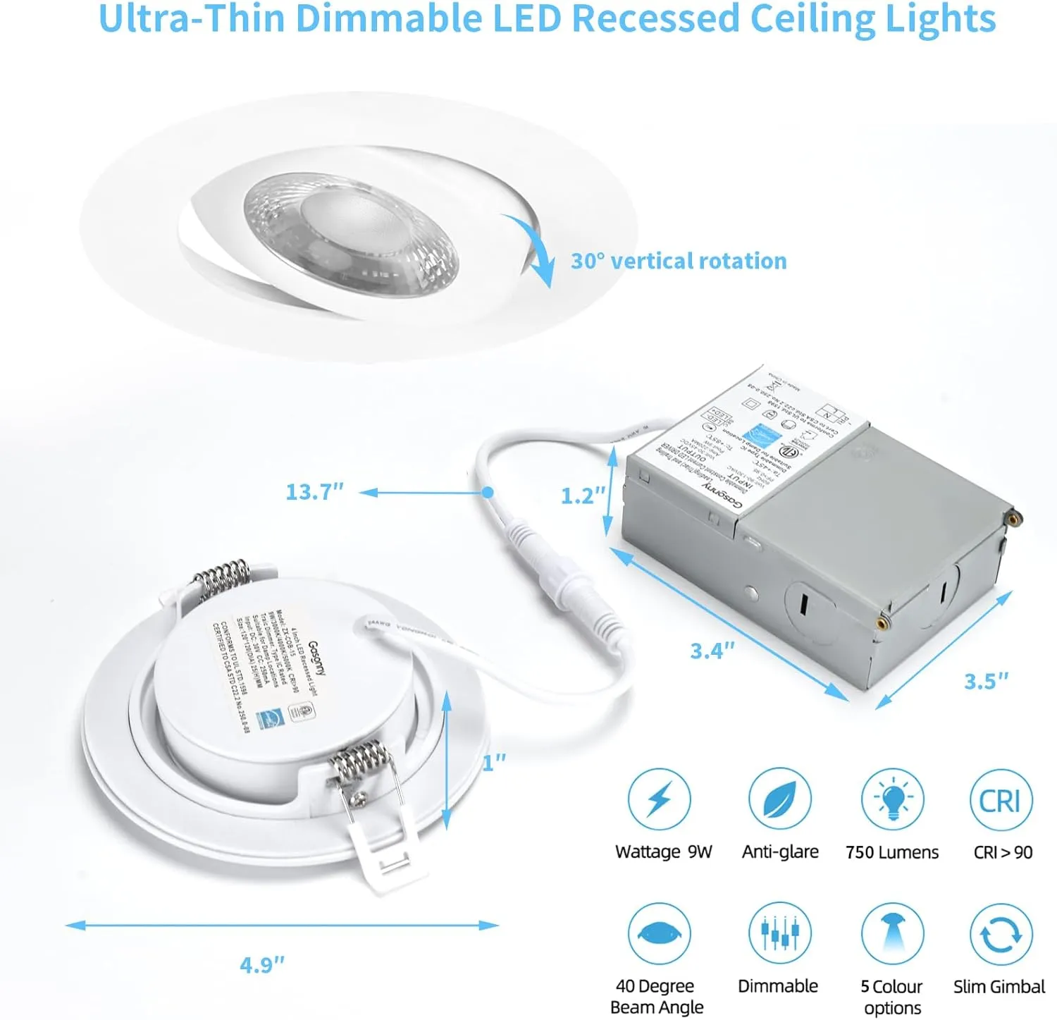4 Inch Led Recessed lights Ultra-Thin Adjustable Eyeball Gimbal LED Recessed Lighting with Junction Box 9 Watts 750Lm Dimmable ceiling light ETL Listed (2700K/3000K/3500K/4000K/5000K Option 6Pack)