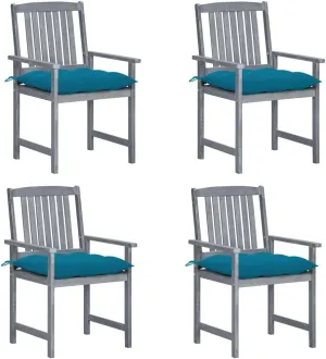 4-Piece Solid Acacia Wood Patio Chairs Set with Blue Cushions, Gray Outdoor Lounge Furniture for Garden Backyard Poolside Dining, Rustic Wooden Outdoor Chairs with Comfortable Seat Cushions