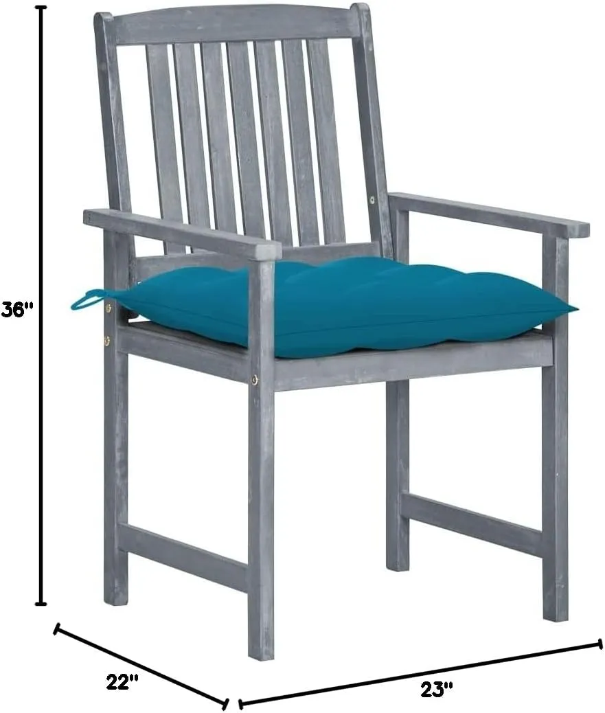 4-Piece Solid Acacia Wood Patio Chairs Set with Blue Cushions, Gray Outdoor Lounge Furniture for Garden Backyard Poolside Dining, Rustic Wooden Outdoor Chairs with Comfortable Seat Cushions