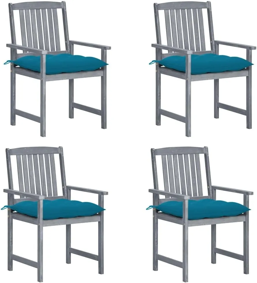 4-Piece Solid Acacia Wood Patio Chairs Set with Blue Cushions, Gray Outdoor Lounge Furniture for Garden Backyard Poolside Dining, Rustic Wooden Outdoor Chairs with Comfortable Seat Cushions