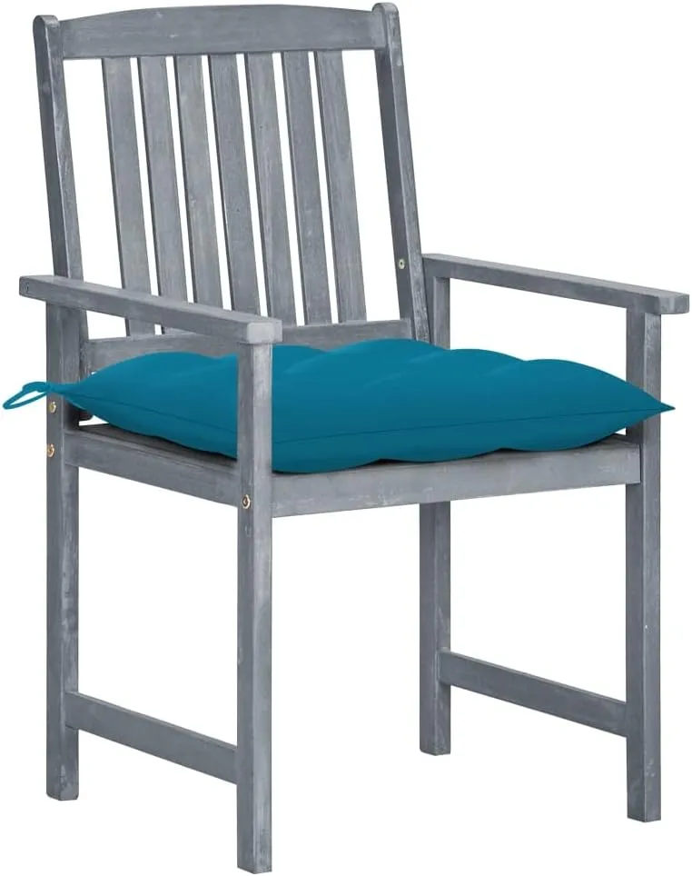 4-Piece Solid Acacia Wood Patio Chairs Set with Blue Cushions, Gray Outdoor Lounge Furniture for Garden Backyard Poolside Dining, Rustic Wooden Outdoor Chairs with Comfortable Seat Cushions