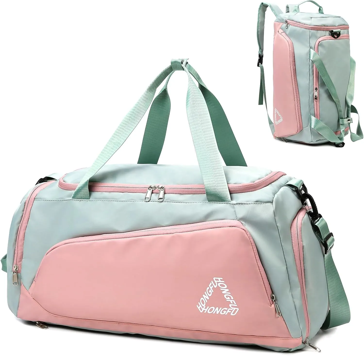 40L Gym Bag with Shoe Compartment for Women, Travel Bag Sports Duffle Bag, Overnight Weekender Backpack, Green & Pink