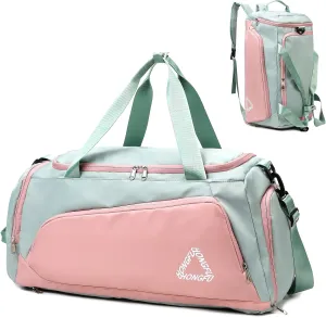 40L Gym Bag with Shoe Compartment for Women, Travel Bag Sports Duffle Bag, Overnight Weekender Backpack, Green & Pink
