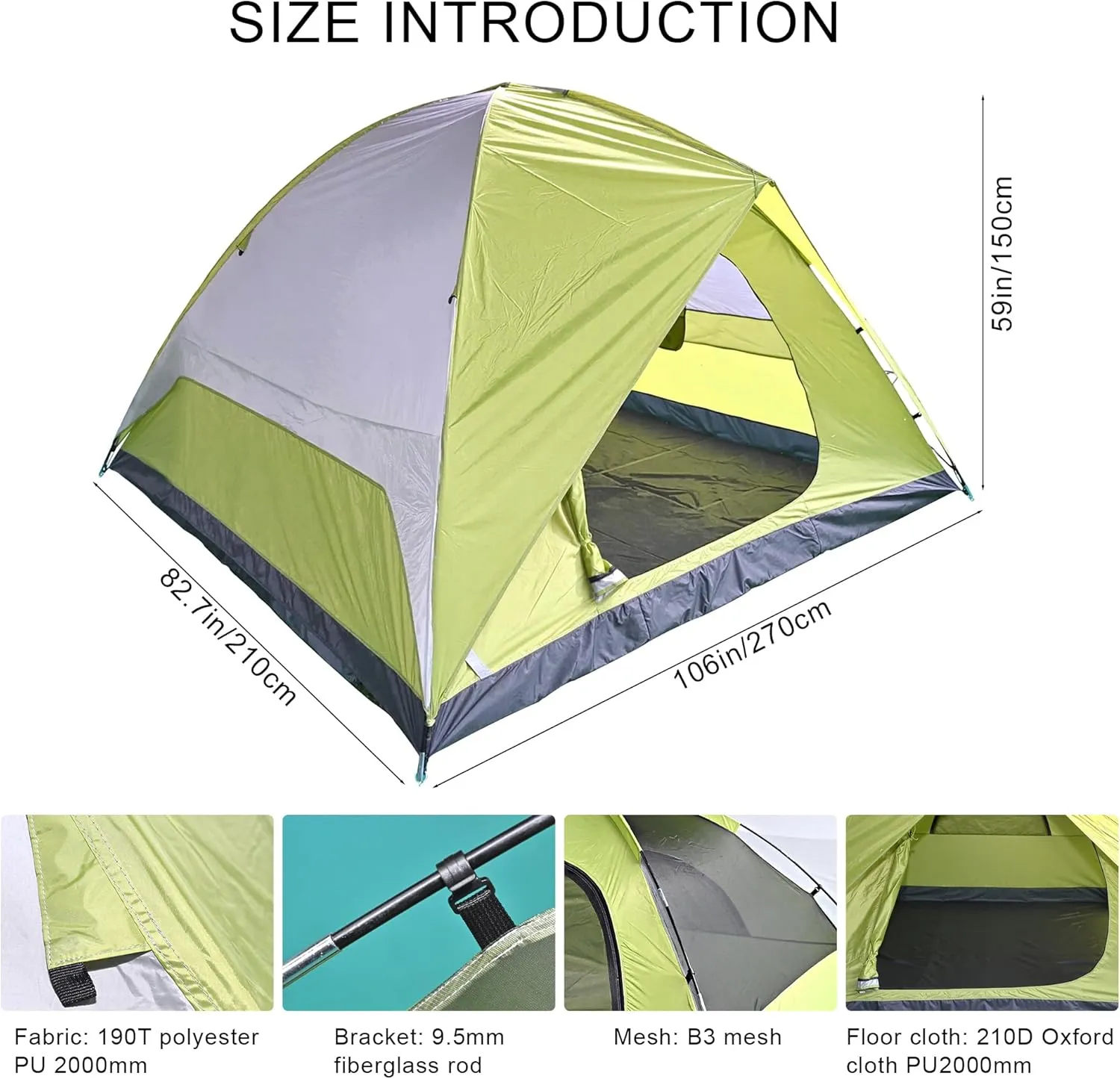4~6 Person Waterproof Dome Camping Tent, 83x106 inches, Oxford Floor, Green Gray