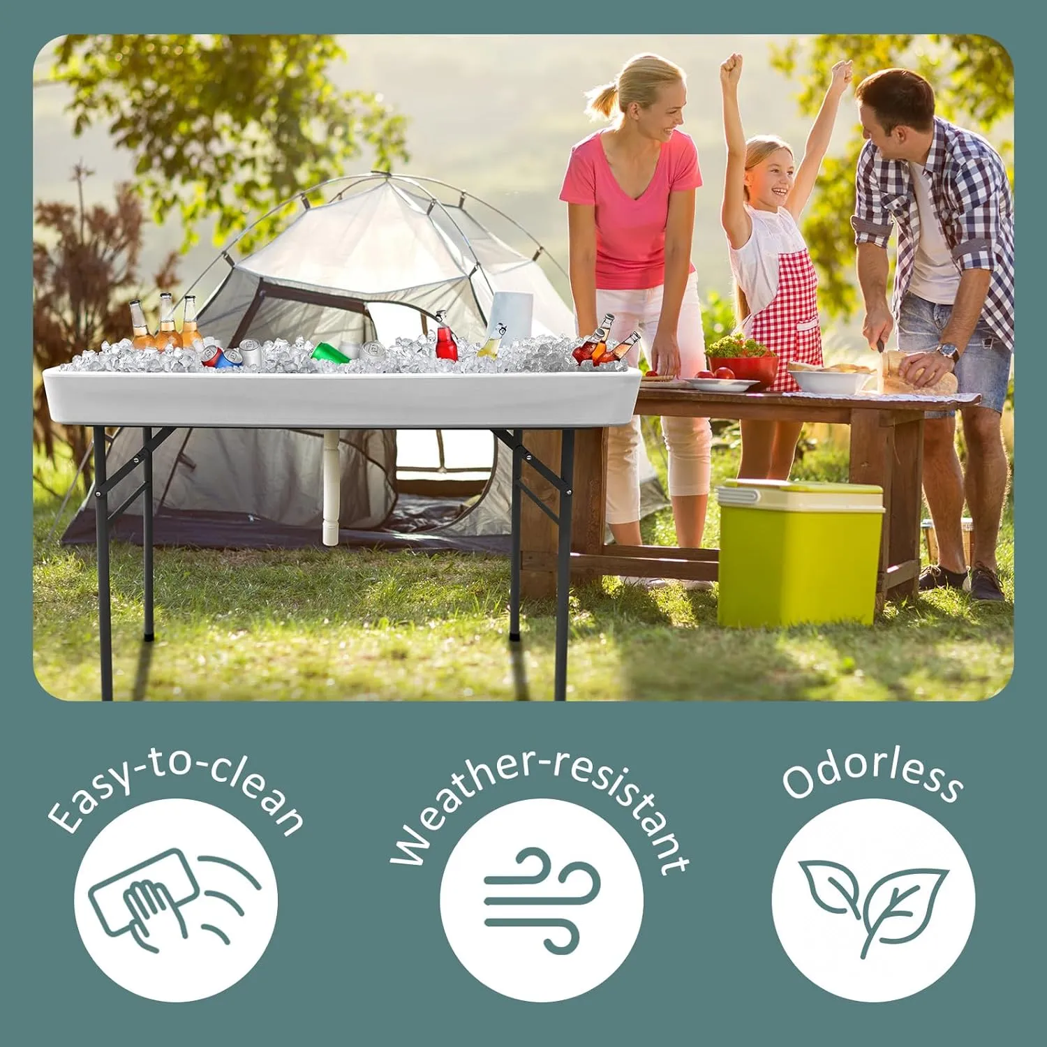 4FT Folding Ice Cooler Table with Removable Matching Skirt, Portable Plastic Chilling Table, Fishing Cleaning and Keeping Food Fresh, Outdoor Cooler Table for Parties, BBQ, Camping &Picnics