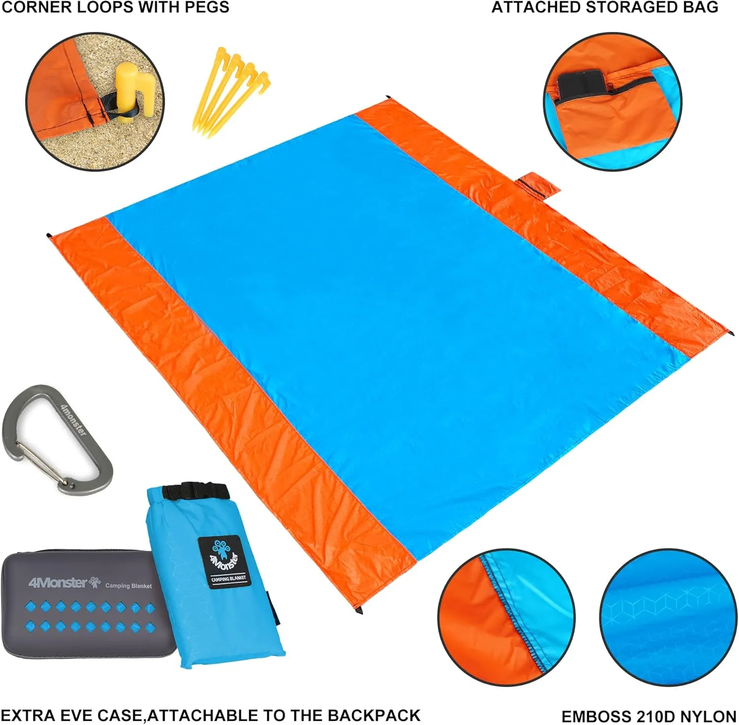 4Monster Beach Blanket Sandfree,Water-Proof Camping Blanket Portable,Oversized Camping and Hiking Mat Lightweight for Picnic,Travel,Beach,Park,Camping