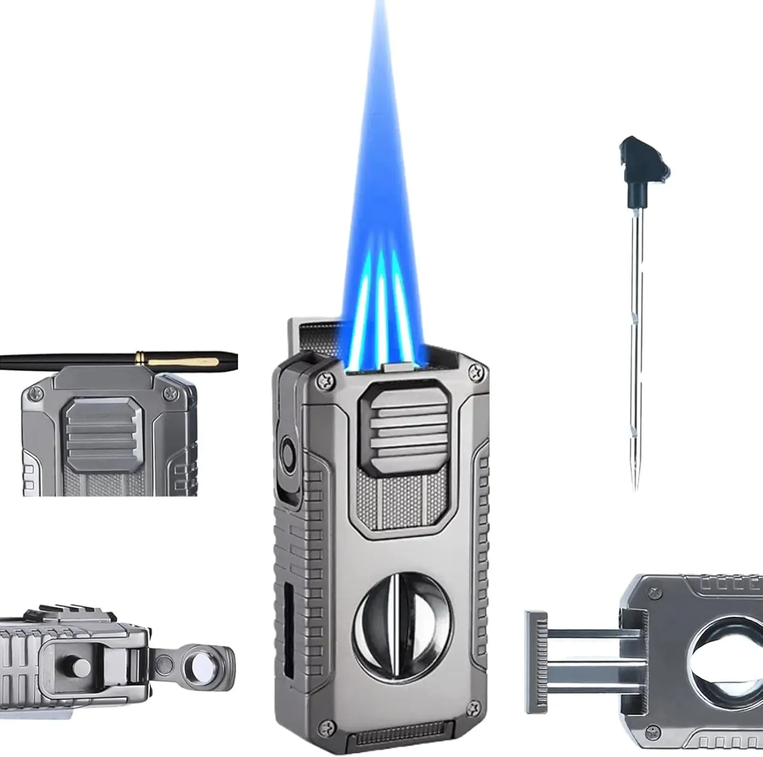 5-in-1 Butane Torch Lighter, Windproof Triple Blue Flames, Adjustable and Refillable Lighters, Gifts for Men (Fuel Not Included) (Grey)