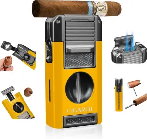 5-in-1 Cigar Torch Lighter – Double Jet Flame, V Cutter, Punch, Draw Enhancer & Cigar Rest – Butane Refillable Travel Cigar Lighter for Men