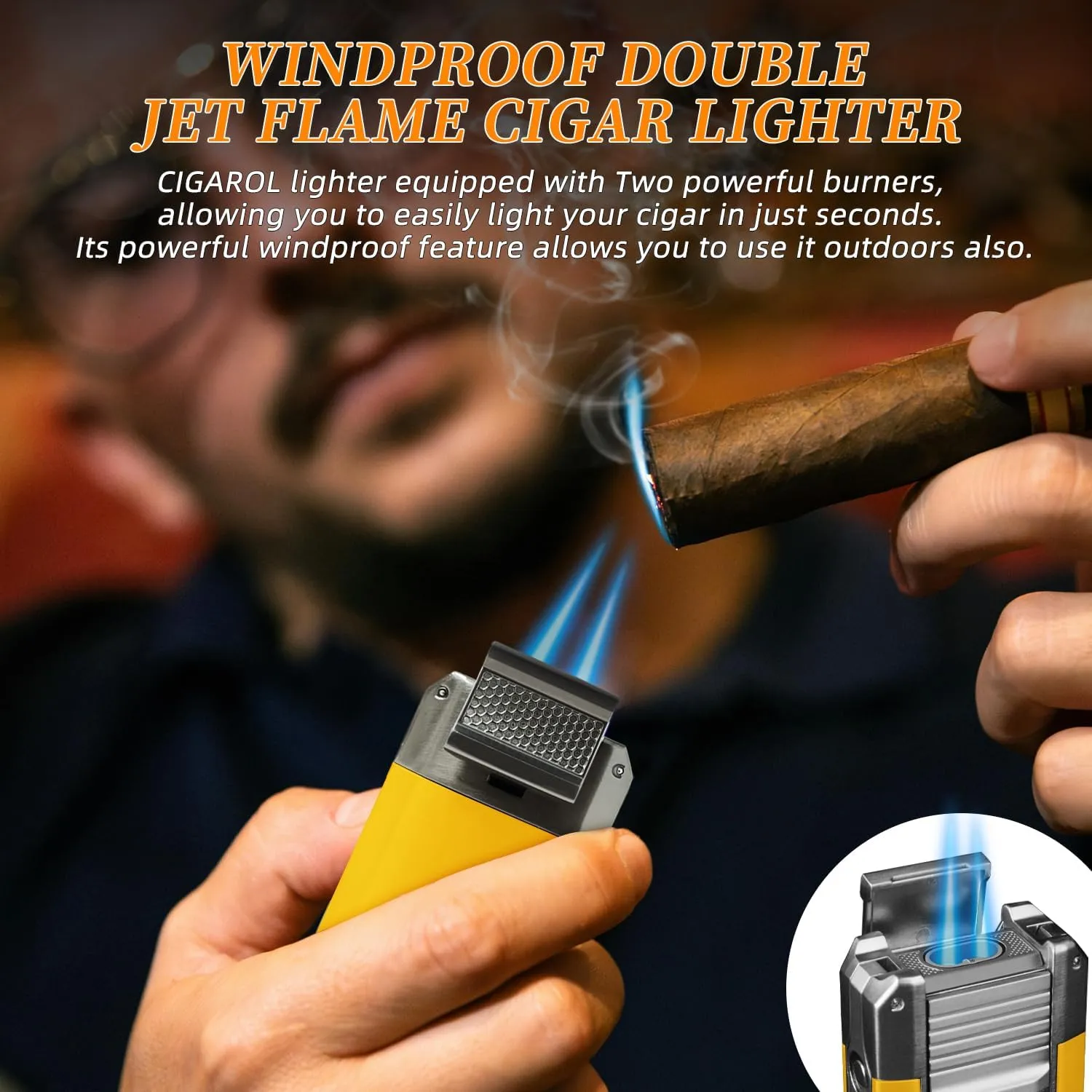 5-in-1 Cigar Torch Lighter – Double Jet Flame, V Cutter, Punch, Draw Enhancer & Cigar Rest – Butane Refillable Travel Cigar Lighter for Men