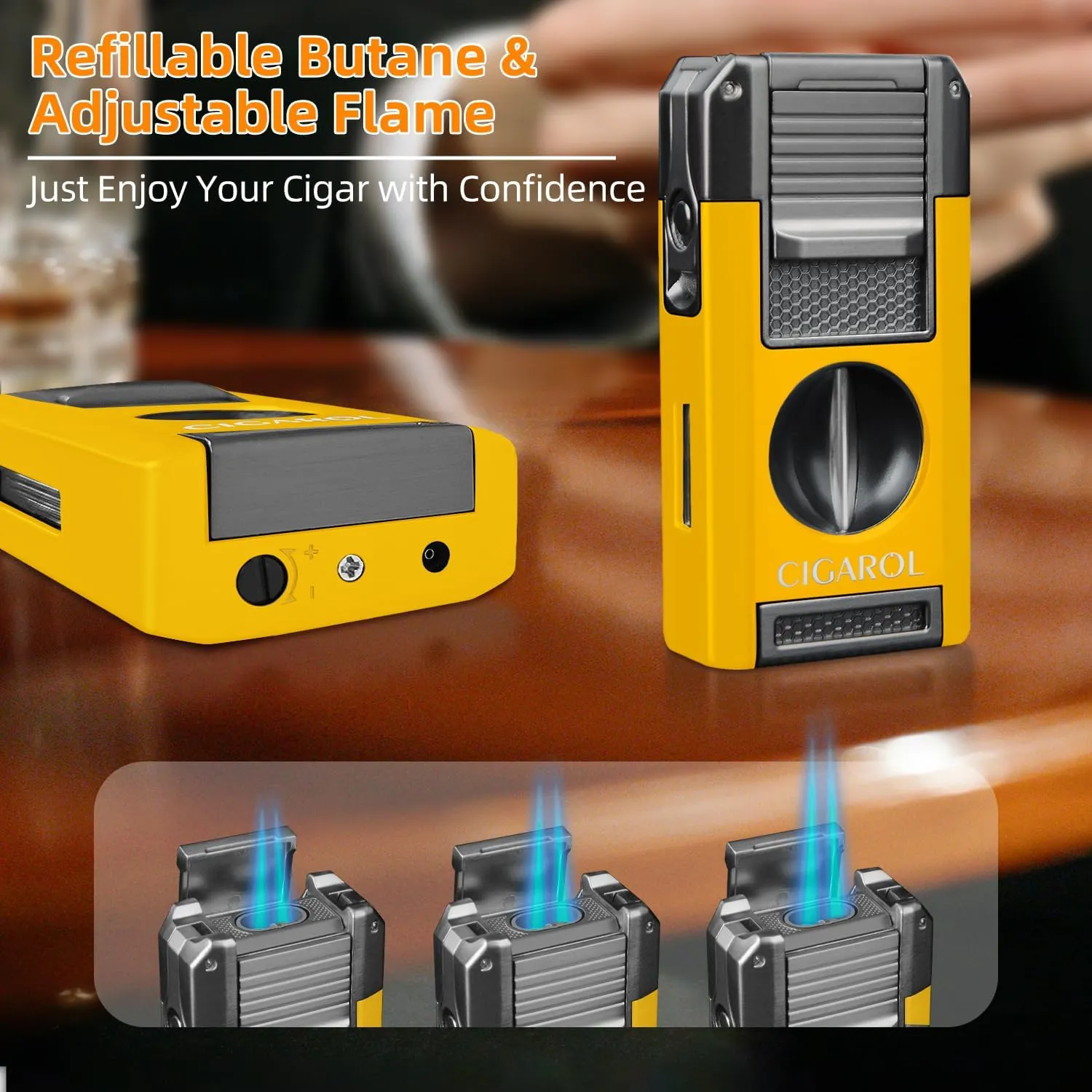 5-in-1 Cigar Torch Lighter – Double Jet Flame, V Cutter, Punch, Draw Enhancer & Cigar Rest – Butane Refillable Travel Cigar Lighter for Men