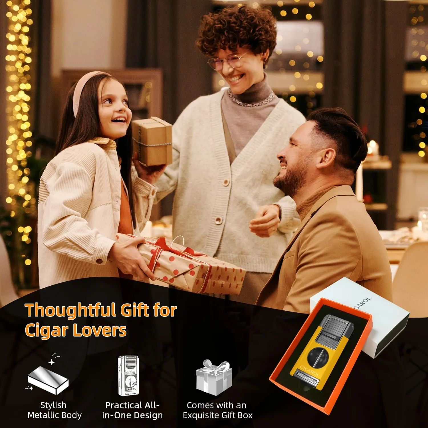 5-in-1 Cigar Torch Lighter – Double Jet Flame, V Cutter, Punch, Draw Enhancer & Cigar Rest – Butane Refillable Travel Cigar Lighter for Men