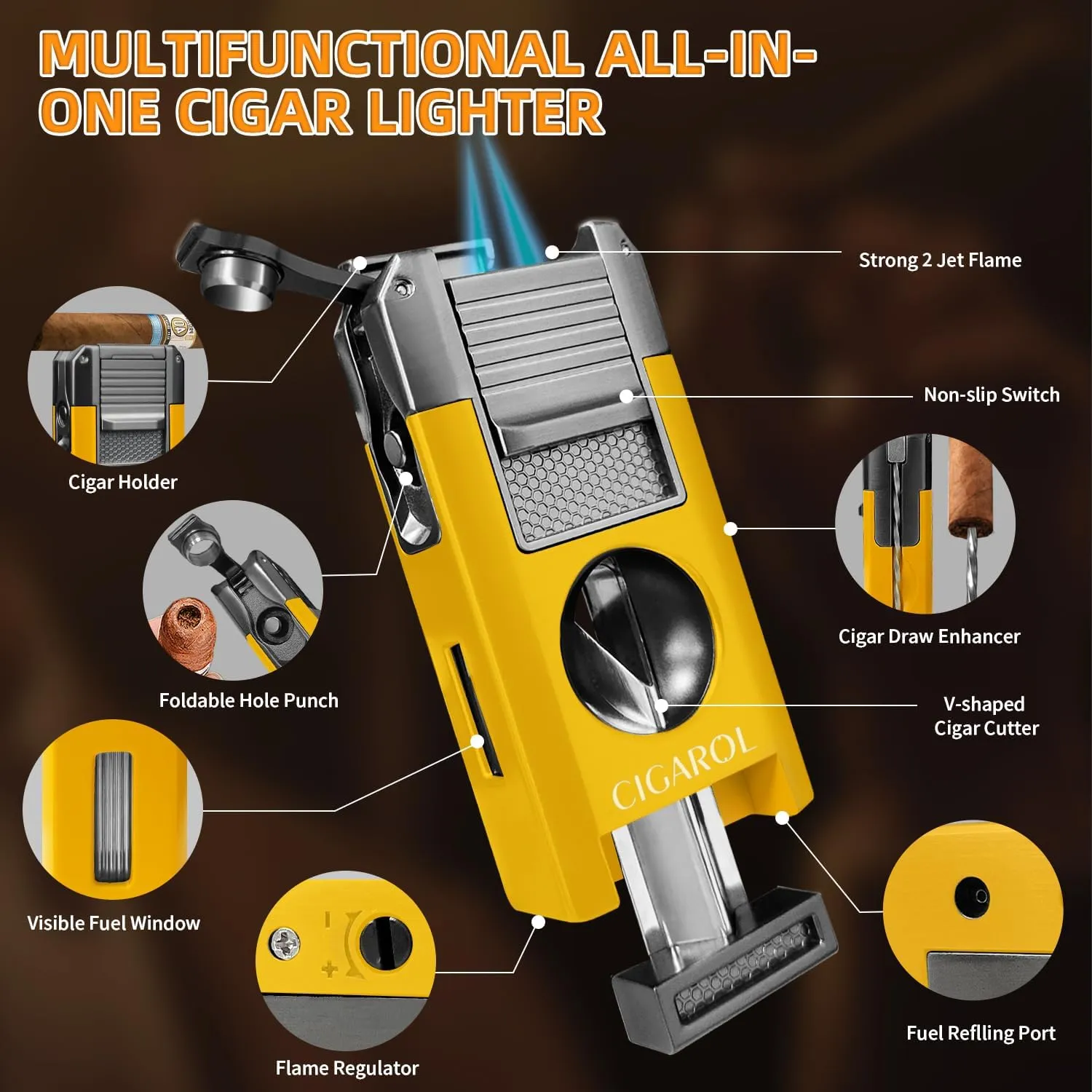 5-in-1 Cigar Torch Lighter – Double Jet Flame, V Cutter, Punch, Draw Enhancer & Cigar Rest – Butane Refillable Travel Cigar Lighter for Men