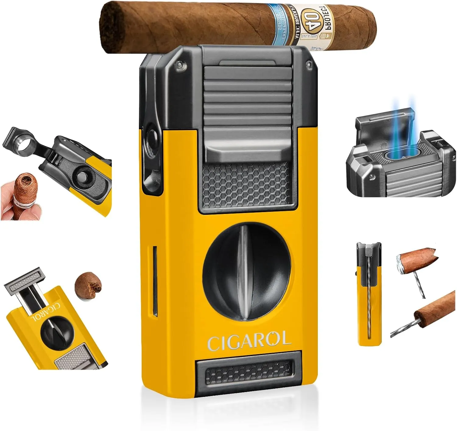 5-in-1 Cigar Torch Lighter – Double Jet Flame, V Cutter, Punch, Draw Enhancer & Cigar Rest – Butane Refillable Travel Cigar Lighter for Men