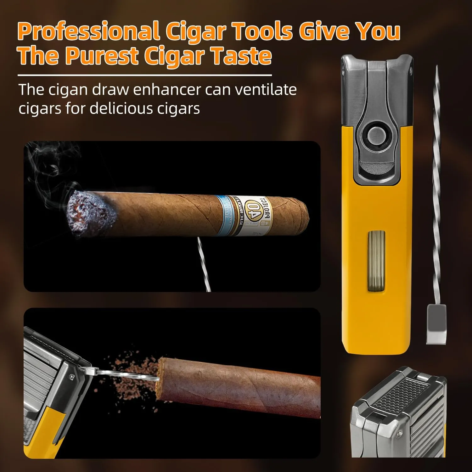 5-in-1 Cigar Torch Lighter – Double Jet Flame, V Cutter, Punch, Draw Enhancer & Cigar Rest – Butane Refillable Travel Cigar Lighter for Men
