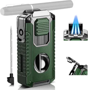 5-in-1 Multifunctional Torch Lighter with Cutter, Punch, Holder, and Windproof Triple Jet Flames, Refillable Butane Lighter for Travel, Outdoors, Accessories Gift for Men (Butane Not Included)