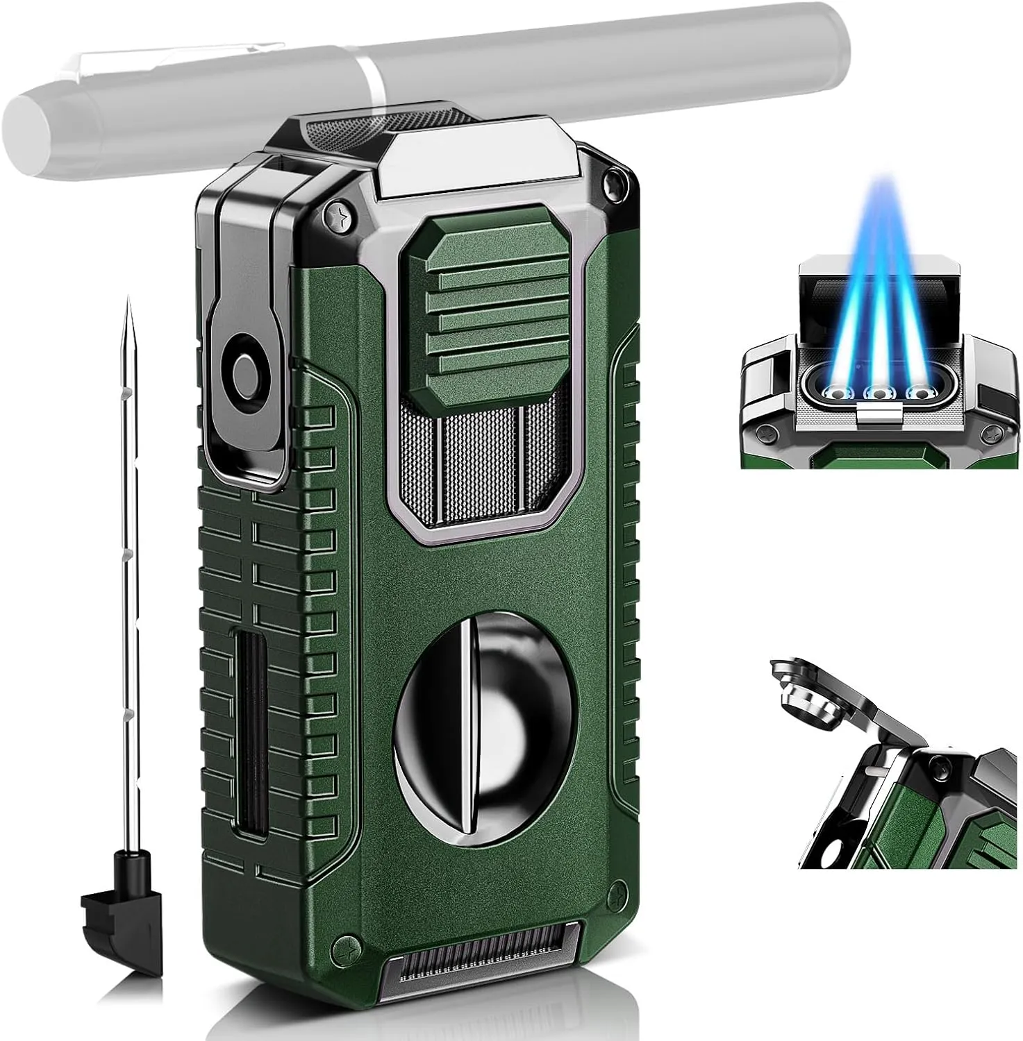 5-in-1 Multifunctional Torch Lighter with Cutter, Punch, Holder, and Windproof Triple Jet Flames, Refillable Butane Lighter for Travel, Outdoors, Accessories Gift for Men (Butane Not Included)