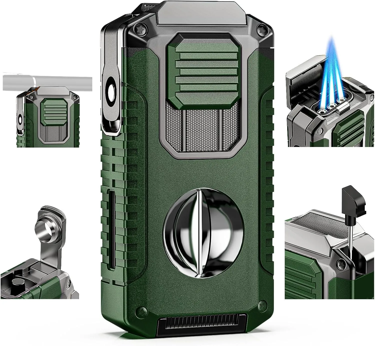 5-in-1 Torch Lighter with Cutter, Punch, Holder, and Draw Enhancer Tool, Triple Windproof Flame, All-in-one Lighter with Multi-Functional Accessory, Refillable Butane Lighter with Gift Box for Men