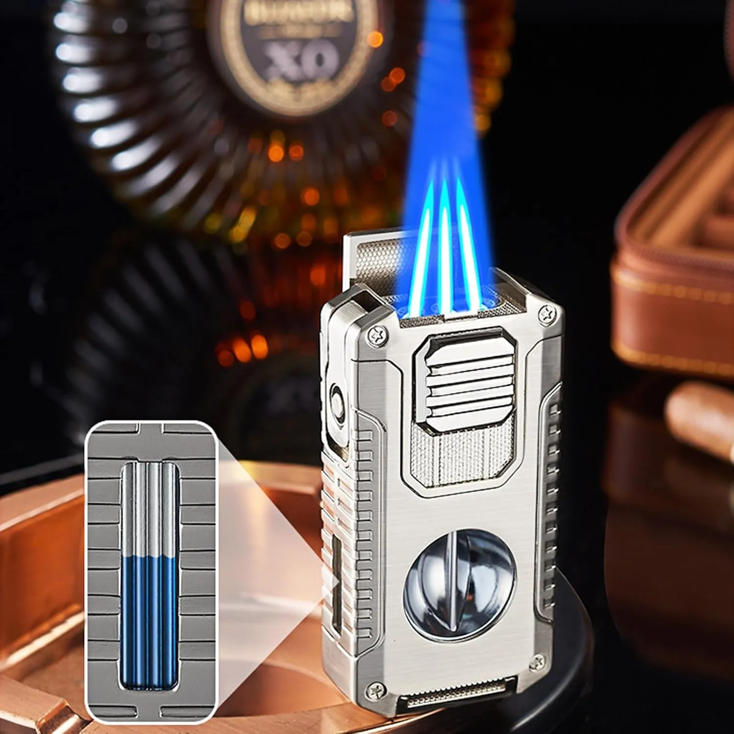 5-in-1 Windproof Portable 3 Flame Lighter, with Visible Transparent Air Window, Rechargeable Butane Multi Function Lighter(Color B)