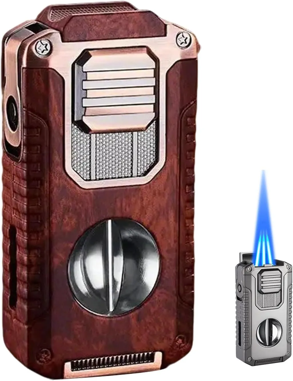 5-in-1 Windproof Portable 3 Flame Lighter, with Visible Transparent Air Window, Rechargeable Butane Multi Function Lighter(Color B)