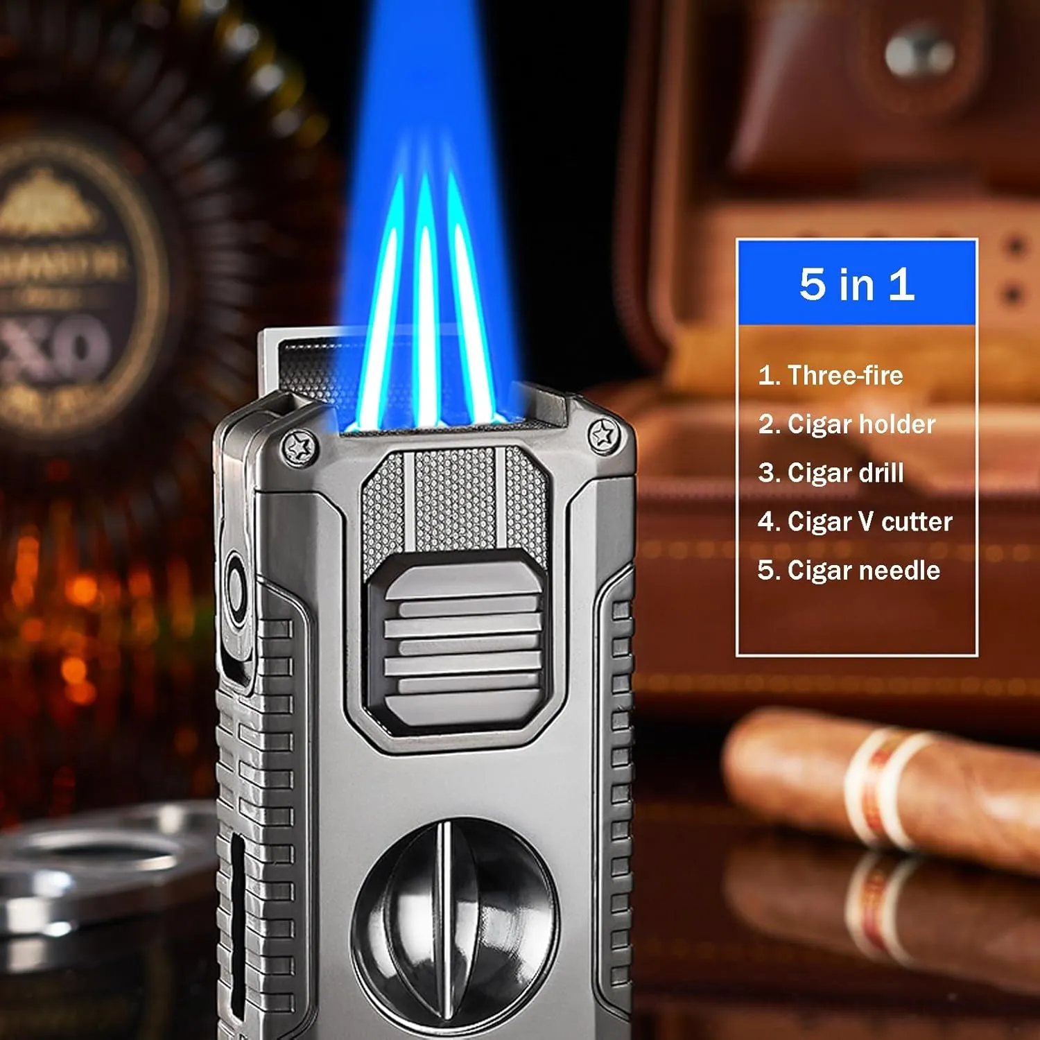 5-in-1 Windproof Portable 3 Flame Lighter, with Visible Transparent Air Window, Rechargeable Butane Multi Function Lighter(Color B)
