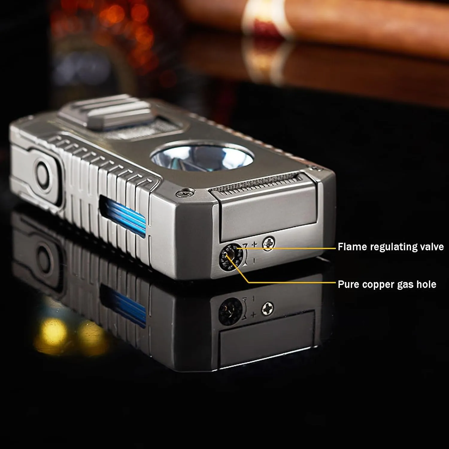 5-in-1 Windproof Portable 3 Flame Lighter, with Visible Transparent Air Window, Rechargeable Butane Multi Function Lighter(Color B)