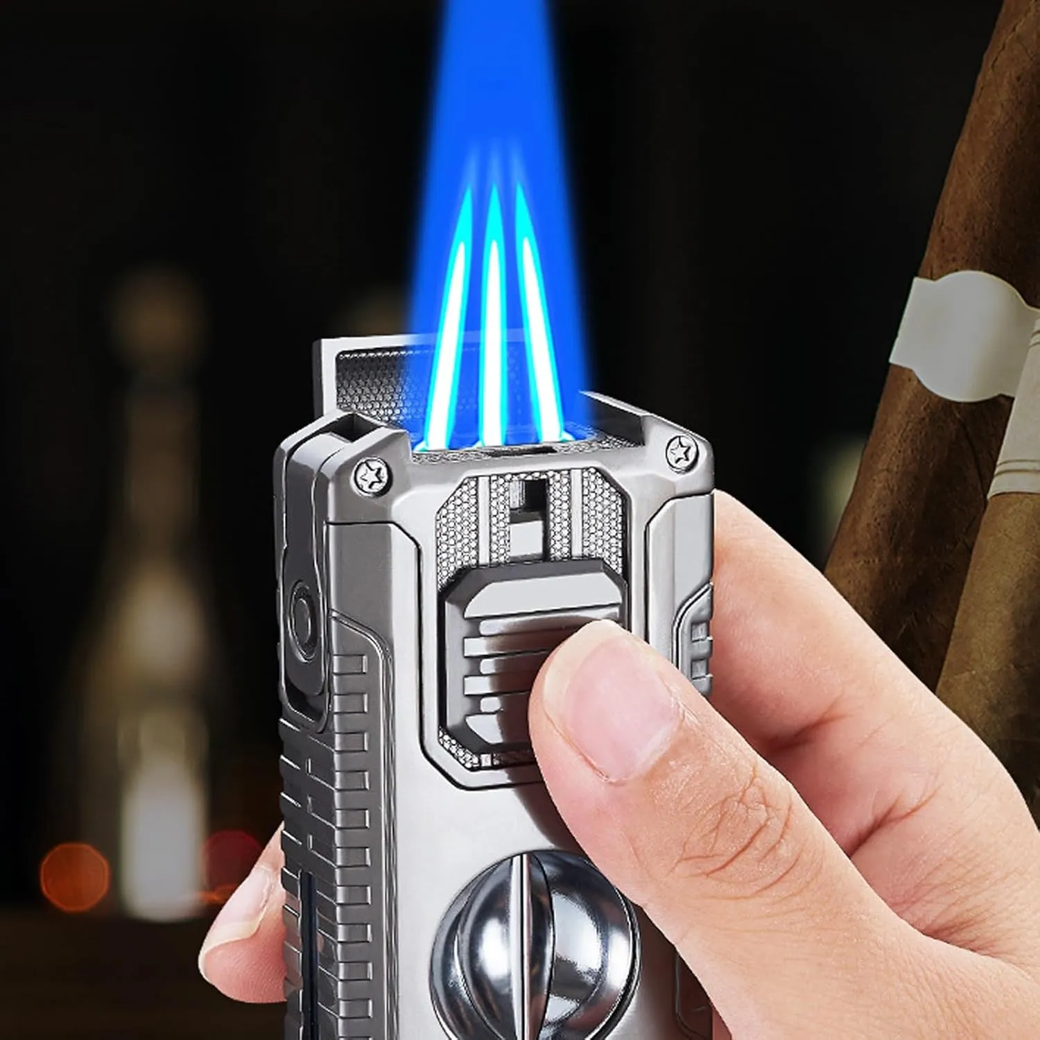 5-in-1 Windproof Portable 3 Flame Lighter, with Visible Transparent Air Window, Rechargeable Butane Multi Function Lighter(Color B)