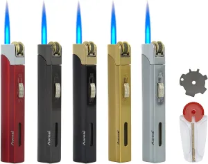 5 Pack Butane Torch Lighter,5 Color Portable Lighters,Single Jet Flame Lockable Adjustable,Fuel Tank Visible,with Extra Tools(No Gas)