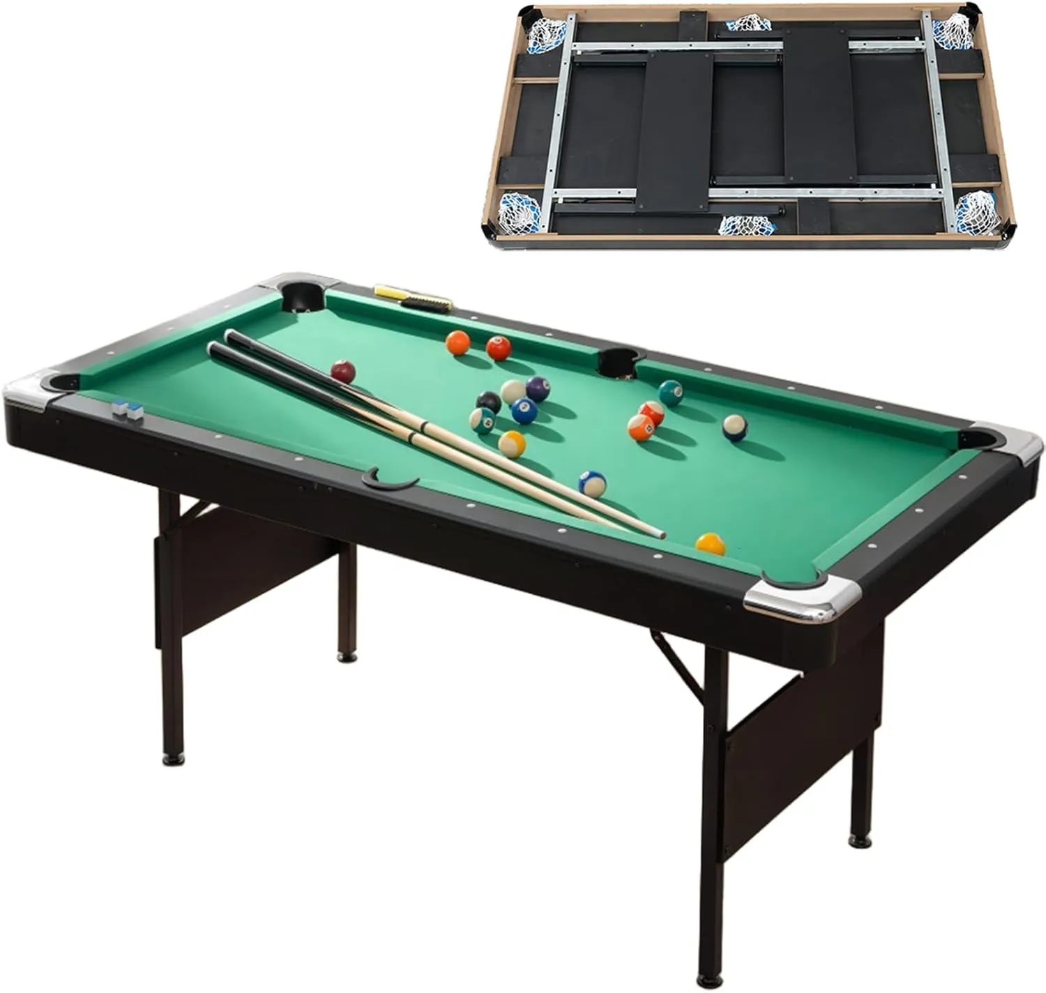 5.5 Ft Folding Pool Table, Portable Billiard Tables with Balls, Cues, Chalks and Brush, Indoor/Outdoor Pool Table Family Fun for Kids & Adults
