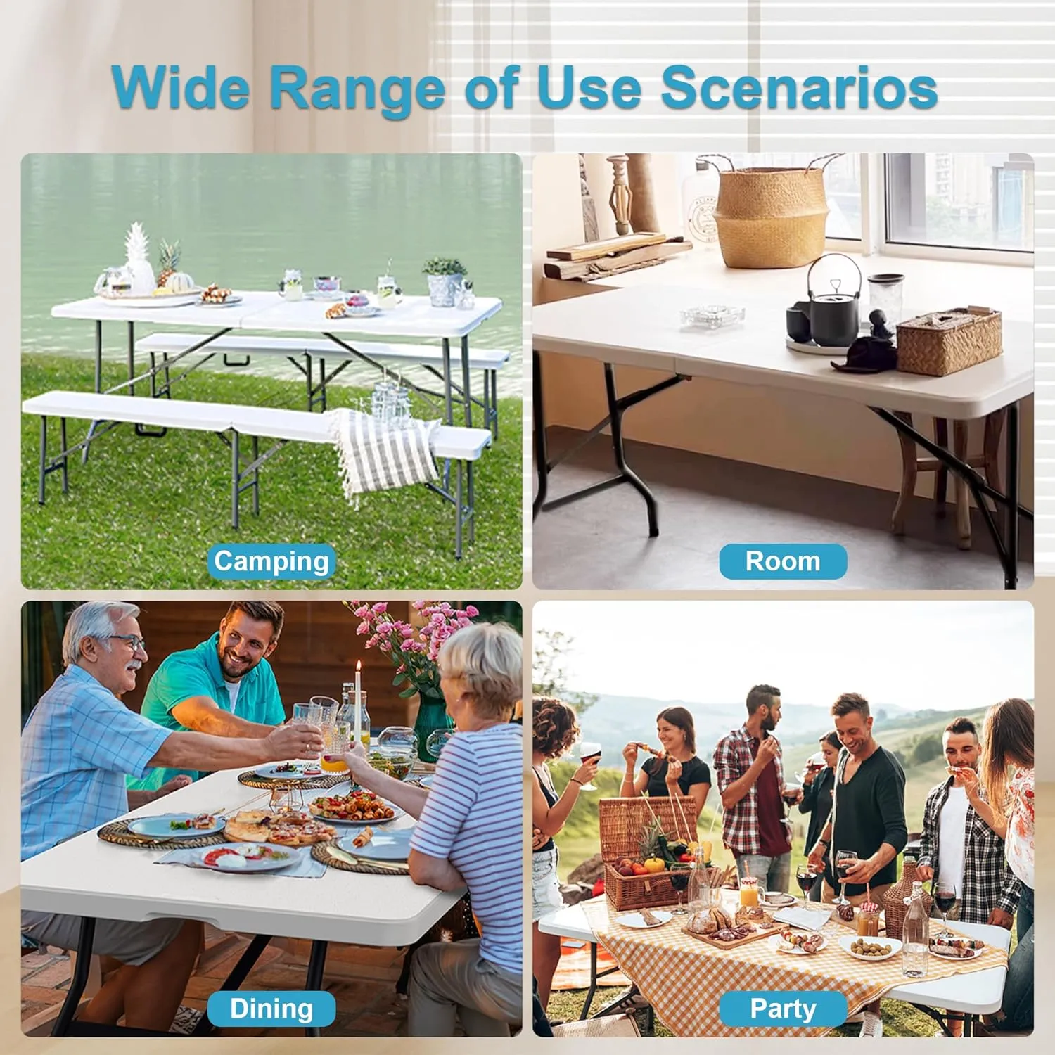 6FT Folding Tables Heavy Duty Folding Table, Multi-Functional Fold up Table for Outdoor Camping Picnic Parties, Indoor Events White Training Table with 330lbs Static Weight Capacity