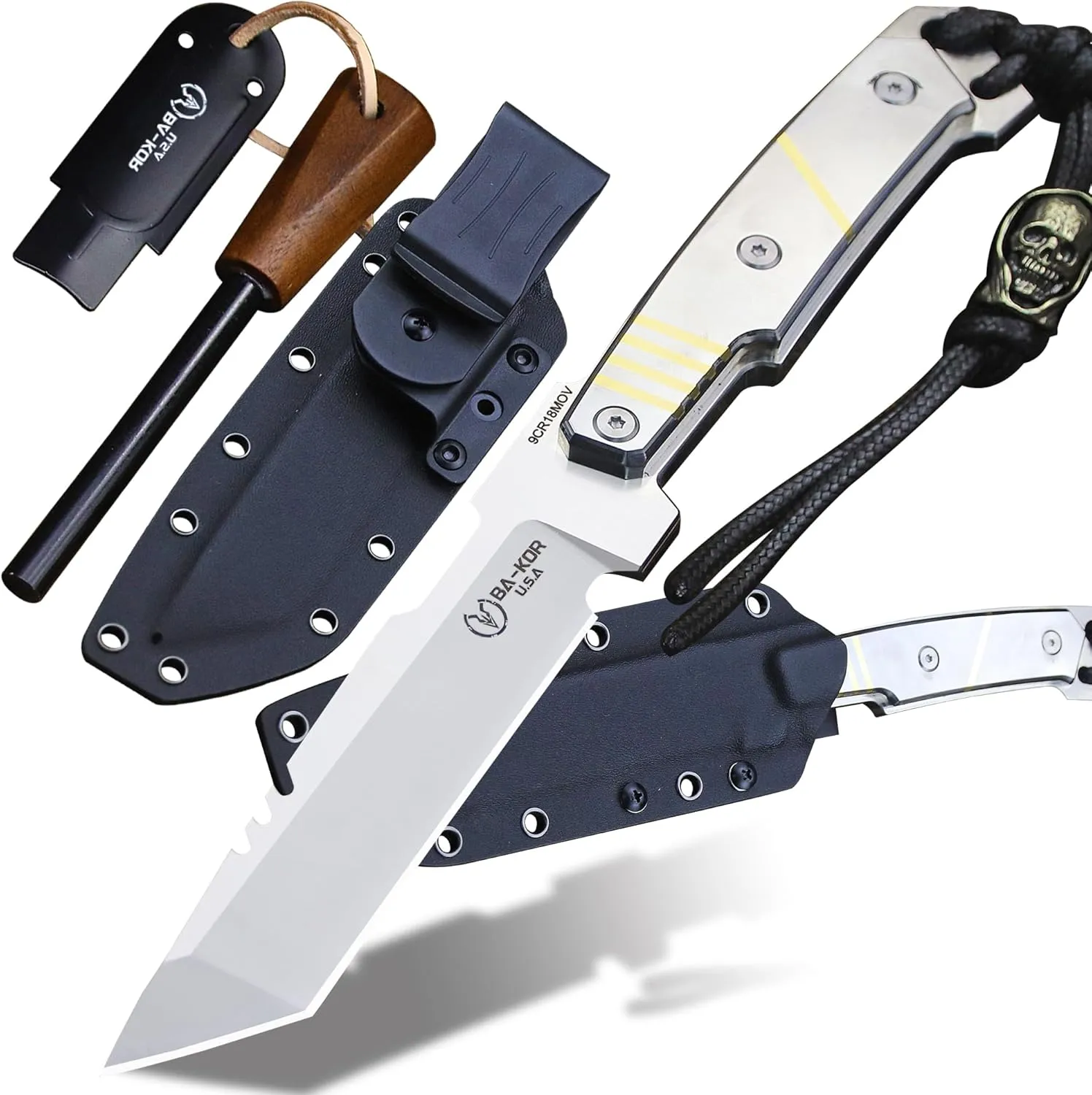 7mm 9CR18MOV (11.26IN) 420 steel inlaid with copper wire handle full Tang fixed knife  K sheath (& (5.9IN) cerium igniter, suitable for outdoor hunting, camping, survival, EDC tool knife
