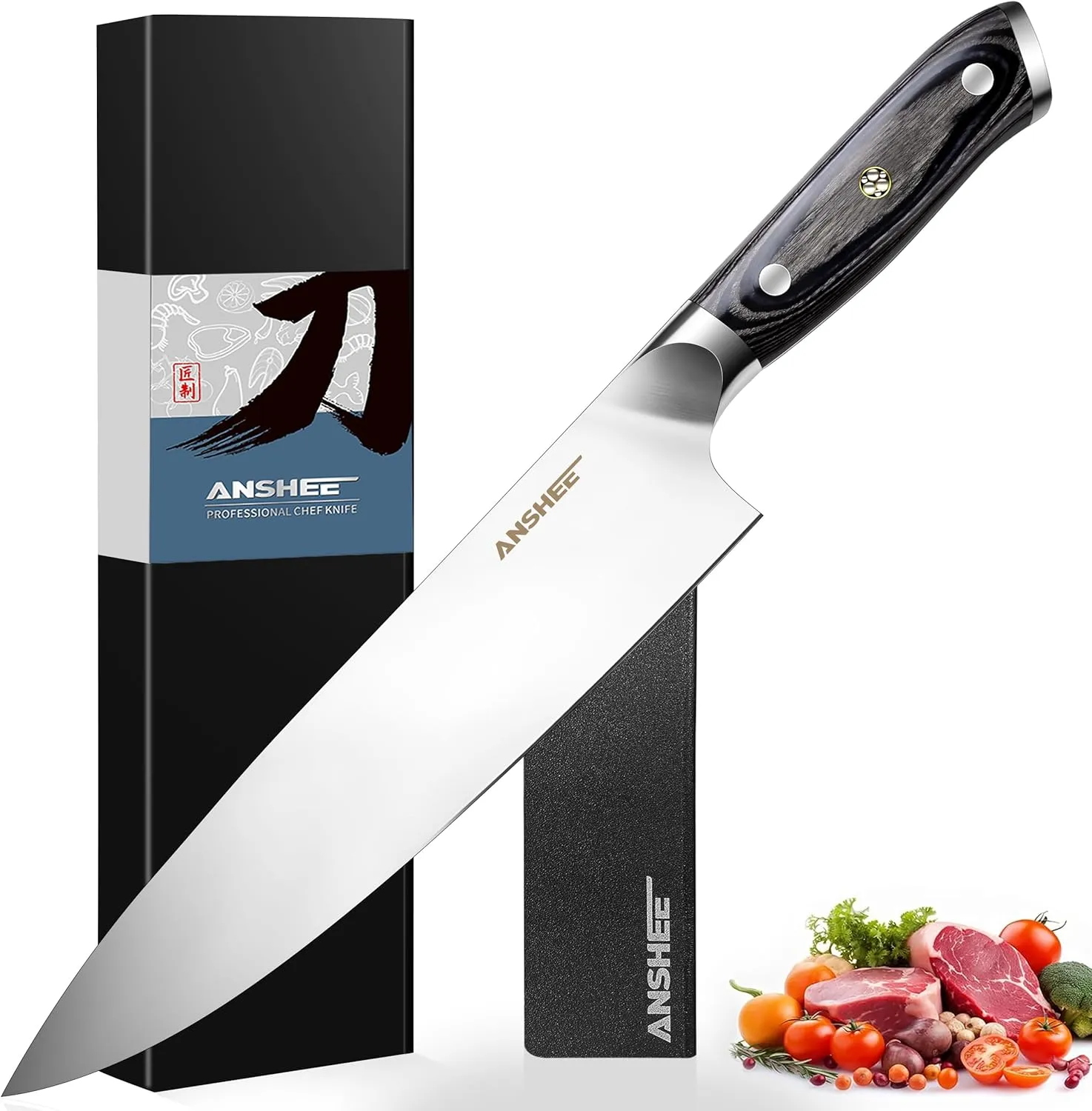 8 Inch Gyuto Full Tang Chef Knife - High Carbon Stainless Steel Ultra Sharp Blade, Dishwasher Safe, Professional Kitchen Knife for Meat, Vegetables with Sheath Gift Box (Home Cooks & Restaurants)