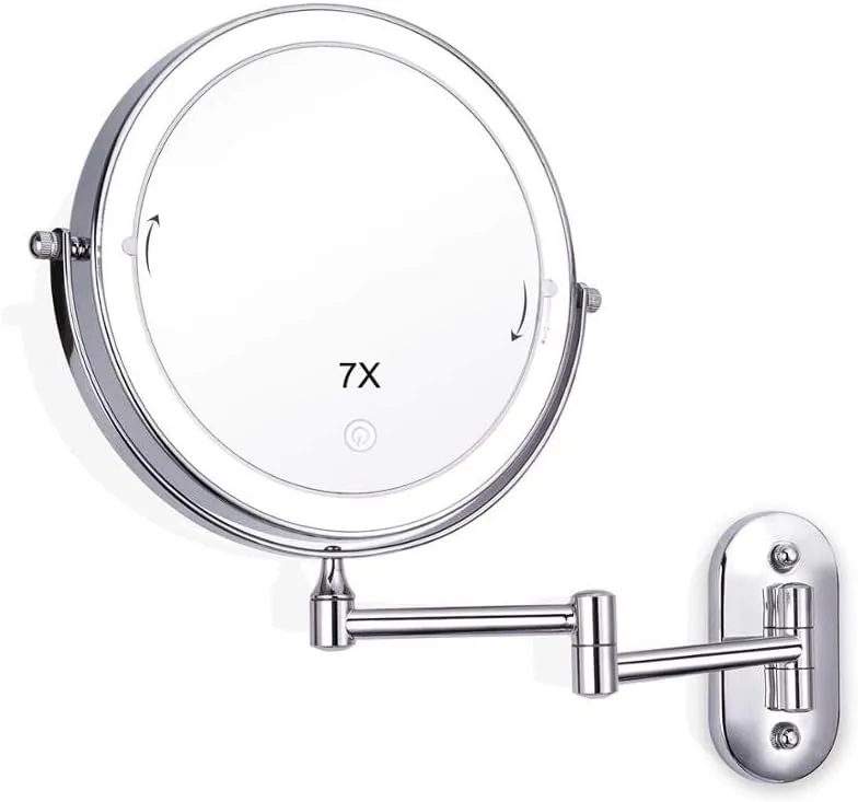 8 Inch Makeup Mirror, 7X Wall Mounted Magnifying Vanity Mirror with Lights 360 Degree Rotation Adjustable Extending Folding Bathroom Mirror for Dressing Table, Makeup Room Mirror