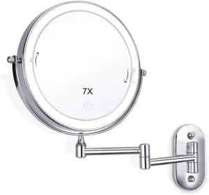 8 Inch Makeup Mirror, 7X Wall Mounted Magnifying Vanity Mirror with Lights 360 Degree Rotation Adjustable Extending Folding Bathroom Mirror for Dressing Table, Makeup Room Mirror