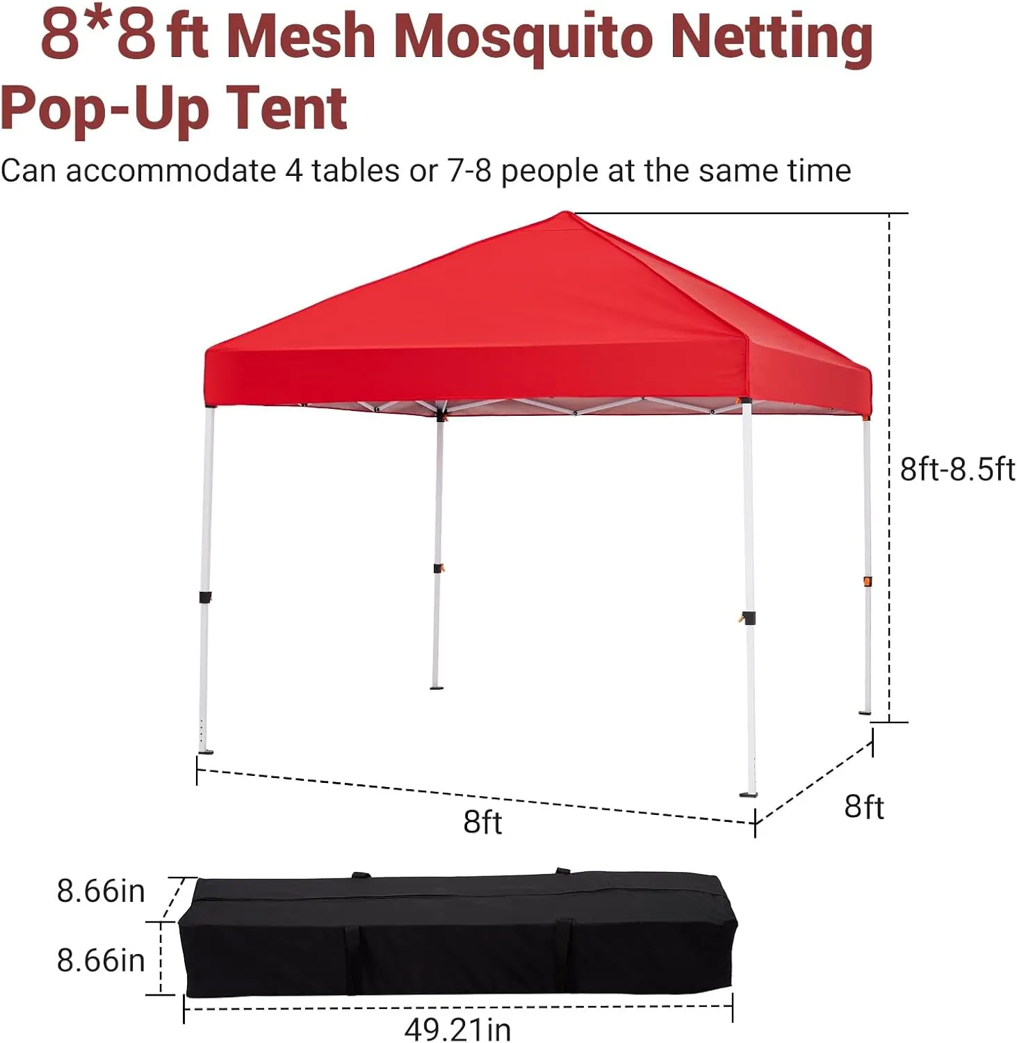 8x8 Pop Up Canopy with Ten, Beach Tent with One Push Setup, Waterproof Outdoor Beach Canopy, Pop-Up Sun Shelter Canopy with Wheeled Bag for Parties, Beach, Outdoor, Red