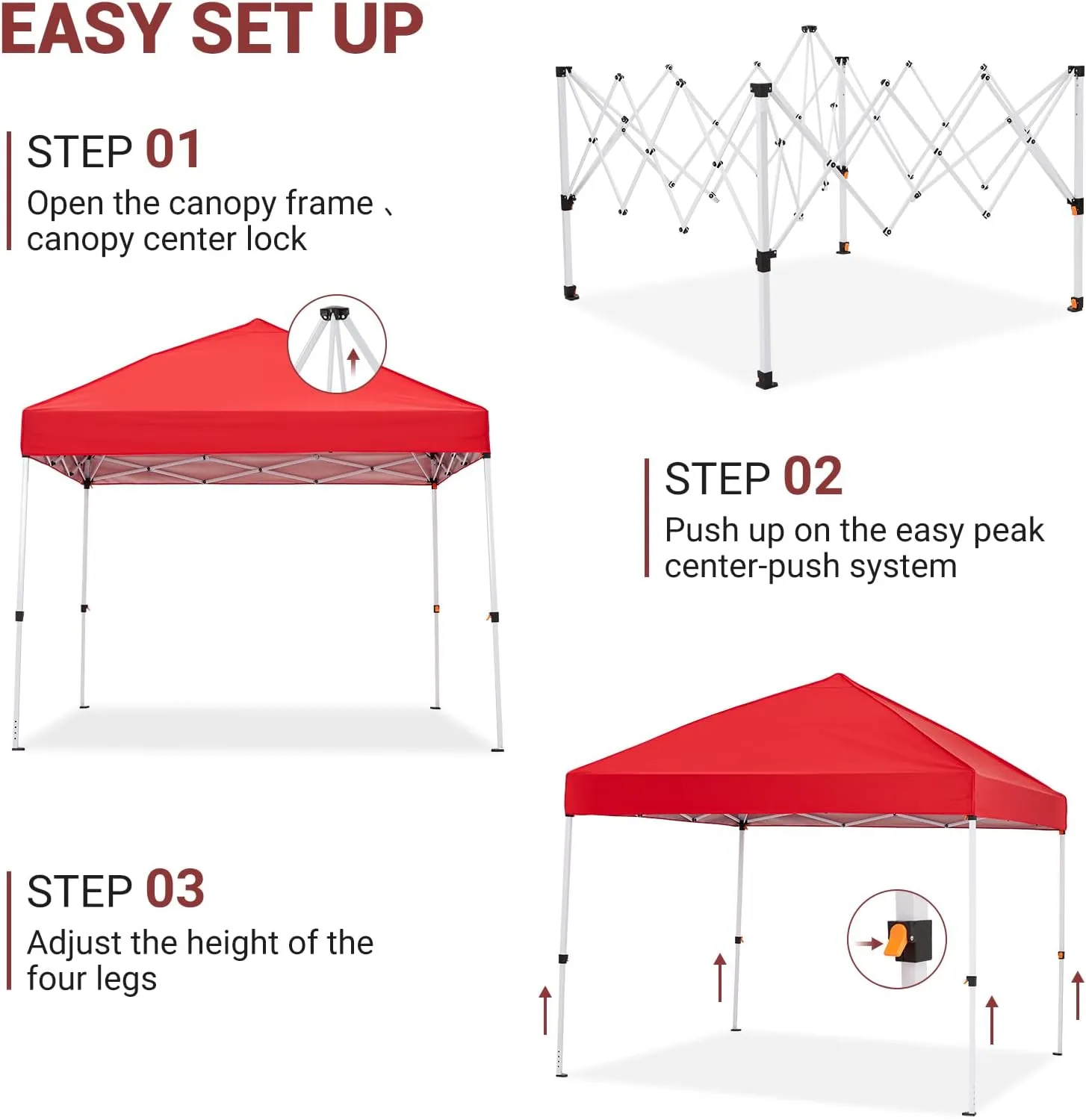 8x8 Pop Up Canopy with Ten, Beach Tent with One Push Setup, Waterproof Outdoor Beach Canopy, Pop-Up Sun Shelter Canopy with Wheeled Bag for Parties, Beach, Outdoor, Red