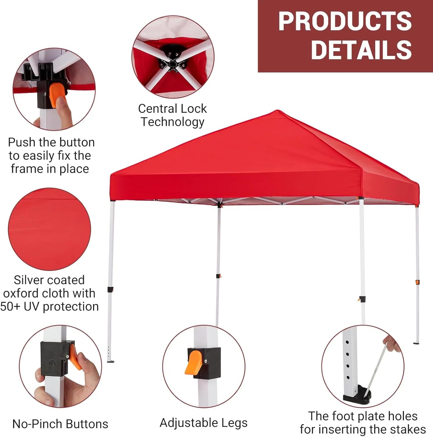 8x8 Pop Up Canopy with Ten, Beach Tent with One Push Setup, Waterproof Outdoor Beach Canopy, Pop-Up Sun Shelter Canopy with Wheeled Bag for Parties, Beach, Outdoor, Red