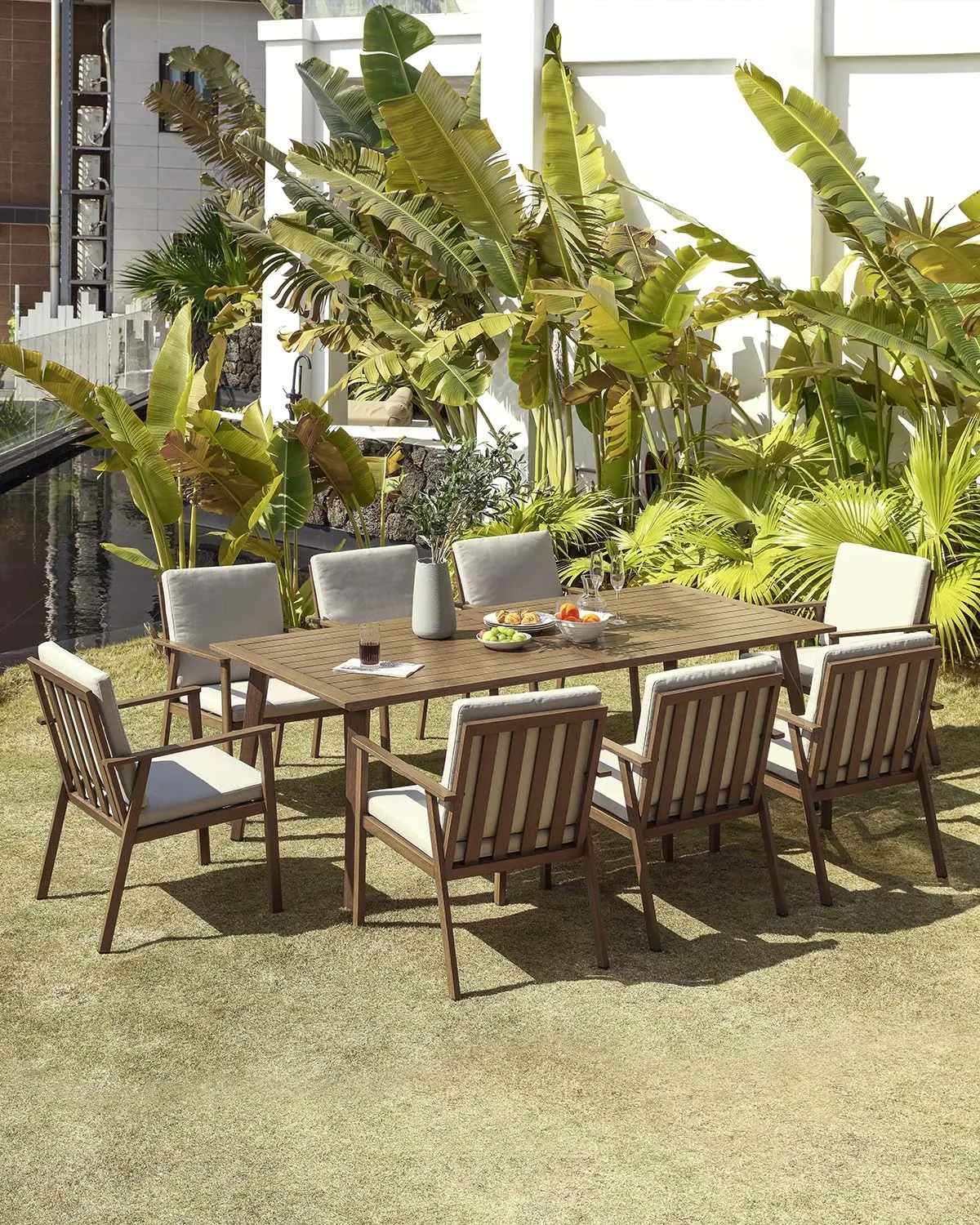 9 Pieces Patio Dining Set for 8, Outdoor Aluminum Dining Furniture Set with Umbrella Hole, Modern All-Weather Outdoor Patio Table Sets with 8 Chairs and Table for Deck Garden Poolside, Teak
