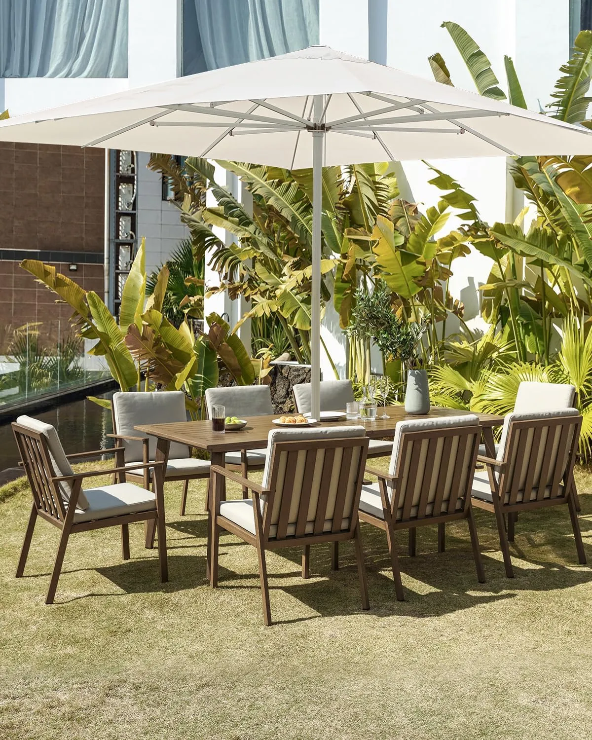 9 Pieces Patio Dining Set for 8, Outdoor Aluminum Dining Furniture Set with Umbrella Hole, Modern All-Weather Outdoor Patio Table Sets with 8 Chairs and Table for Deck Garden Poolside, Teak