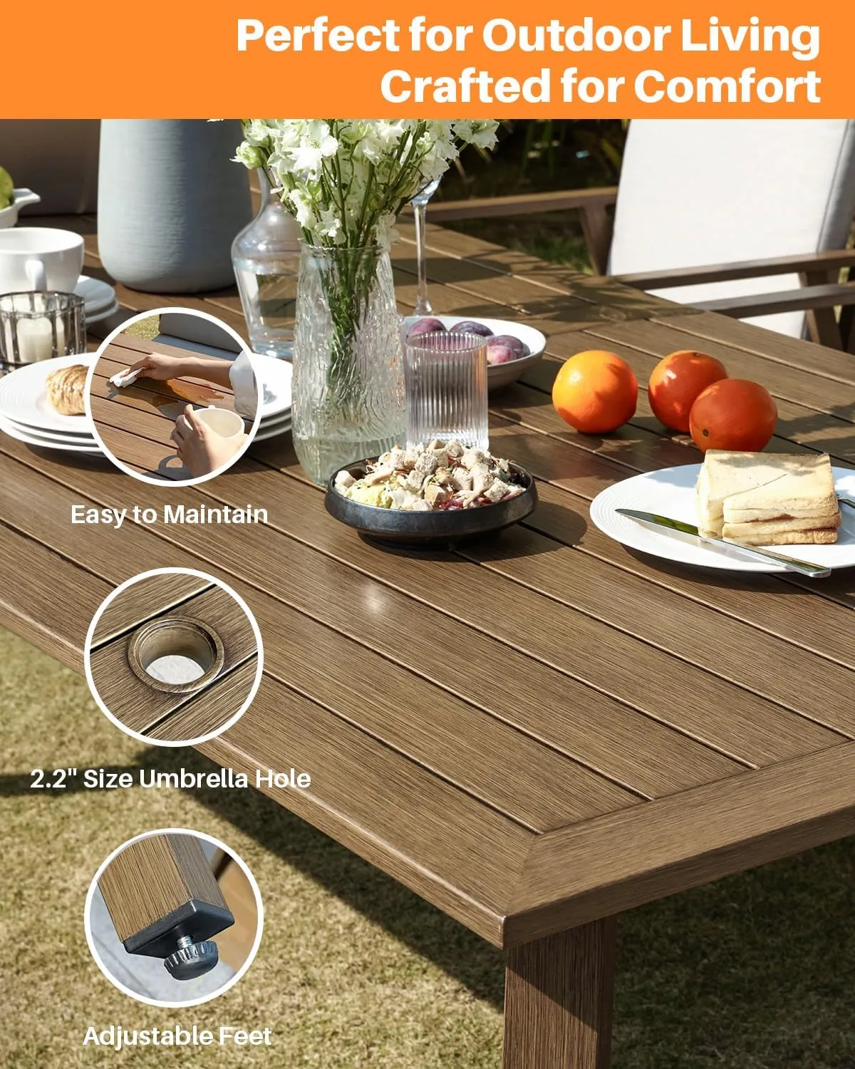 9 Pieces Patio Dining Set for 8, Outdoor Aluminum Dining Furniture Set with Umbrella Hole, Modern All-Weather Outdoor Patio Table Sets with 8 Chairs and Table for Deck Garden Poolside, Teak