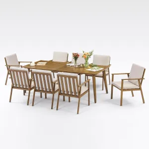 9 Pieces Patio Dining Set for 8, Outdoor Aluminum Dining Furniture Set with Umbrella Hole, Modern All-Weather Outdoor Patio Table Sets with 8 Chairs and Table for Deck Garden Poolside, Teak