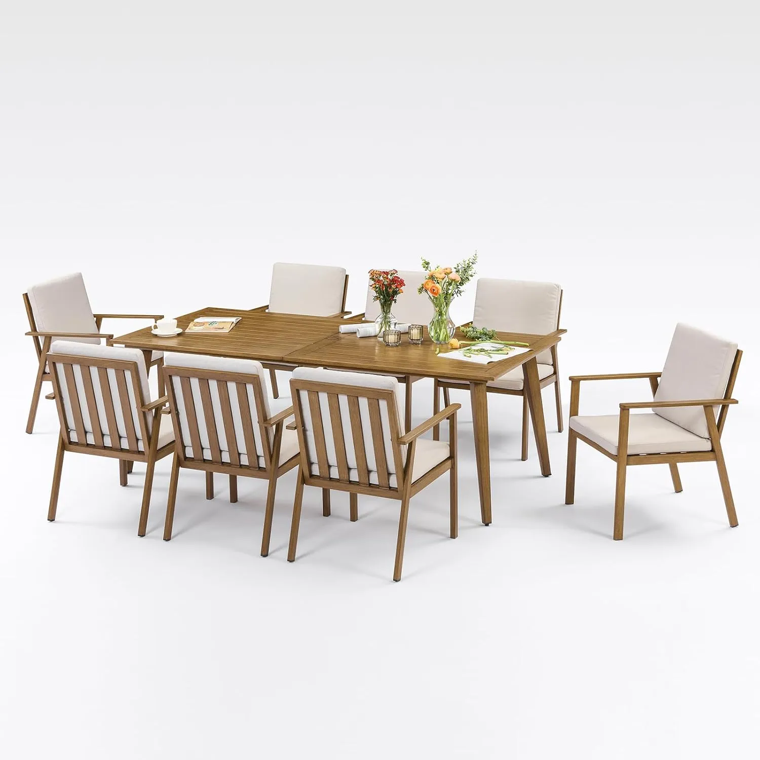 9 Pieces Patio Dining Set for 8, Outdoor Aluminum Dining Furniture Set with Umbrella Hole, Modern All-Weather Outdoor Patio Table Sets with 8 Chairs and Table for Deck Garden Poolside, Teak